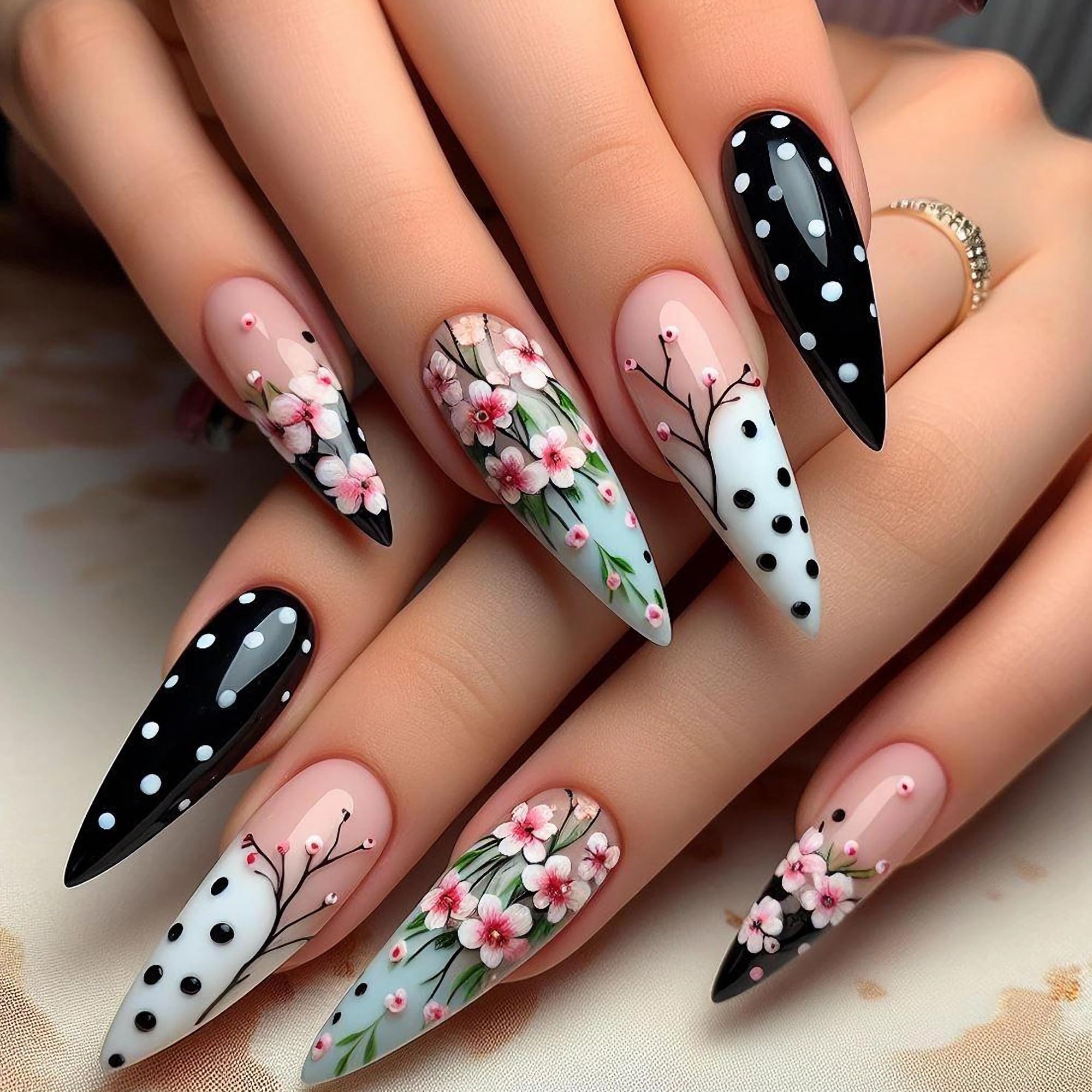 MERVF Long Stiletto Press on Nails Black White French Tip Fake Nails Flower Glue ons with Wave Point Design Almond Spring Acrylic False Nails for Women Glossy 24pcs