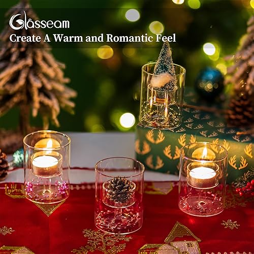 Miniatura 2 de Glasseam Juego de 12 portavelas con diseño de velas de té, diseño de huracán, moderno y decorativo, pequeño cilindro de cristal para mesa, boda,