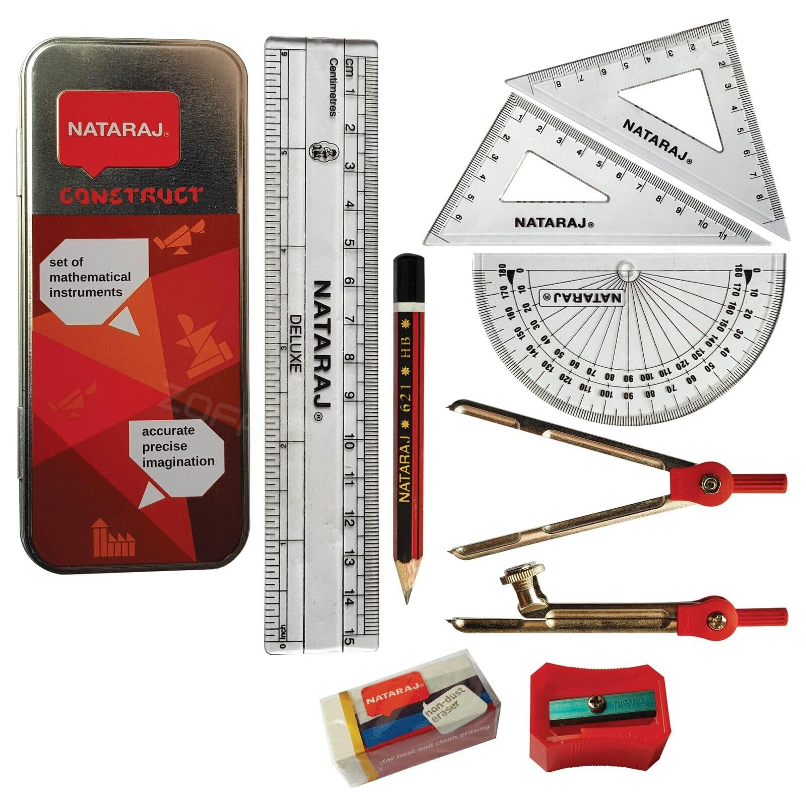 B2SGeo Maths Geometry Set, Compass Divider Ruler Protractor Set Squares Pencil Sharpener Eraser, School Exam Instrument Set
