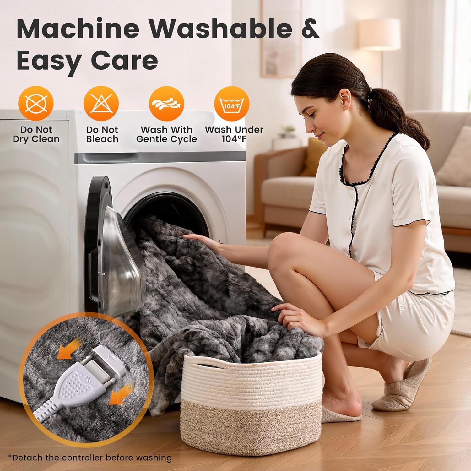 WOOMER Heated Blanket King Size 100" x 90", Electric Blanket with Dual Controllers, 0.5-12 Hours Timer & 10 Heating Levels, ETL Certified, Marble Gray Double-Sided Faux Fur, Machine Washable - Image 7