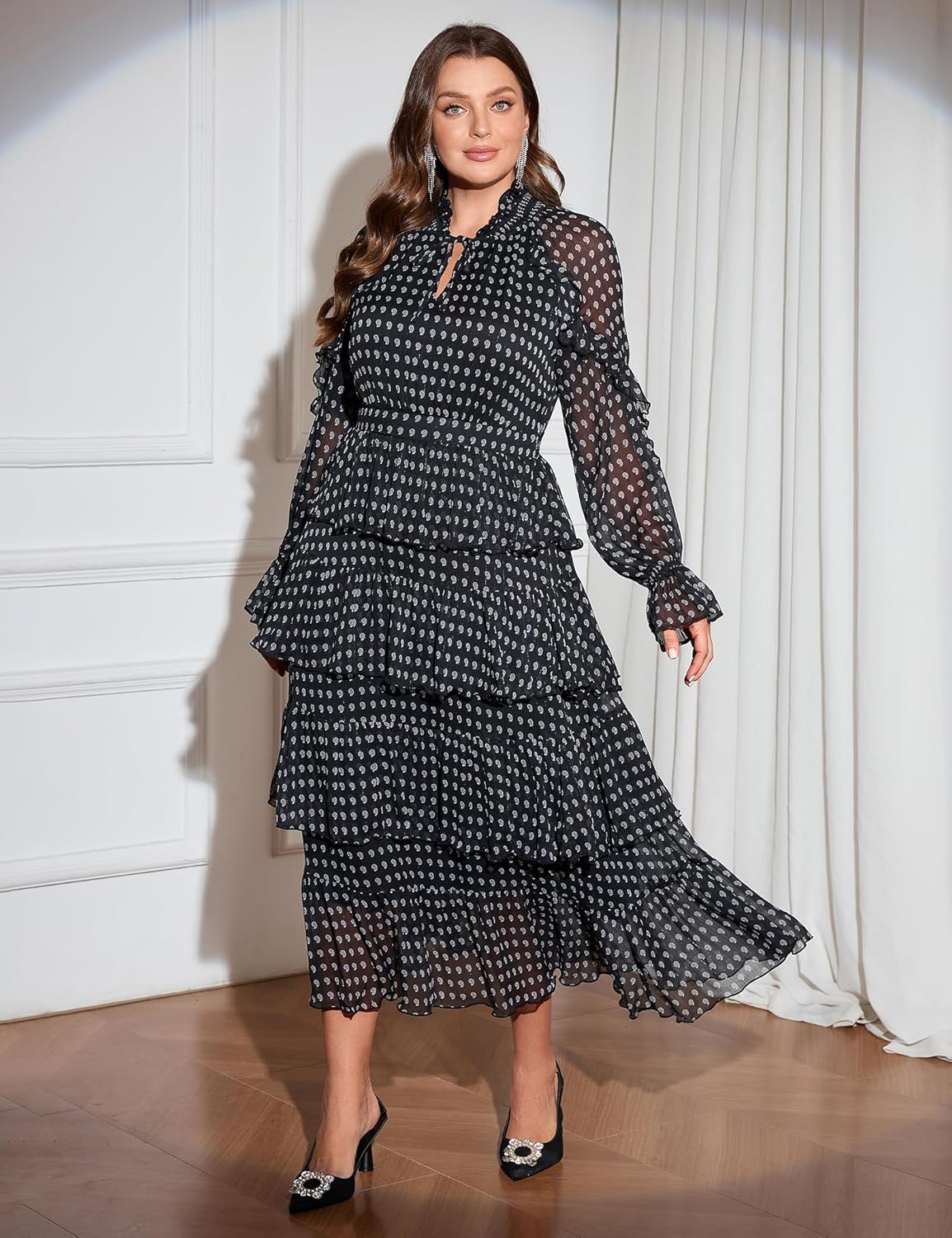Plus Size Wedding Guest Dresses for Women - Long Sleeve V-Neck Ruffled Tiered Flowy Chiffon Dress with Elastic Waist
