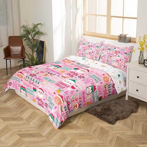Miniatura 2 de Juego de funda de edredón rosa de Navidad para niñas, tamaño matrimonial, lindo juego de ropa de cama de dibujos animados de pingüino de Papá Noel,