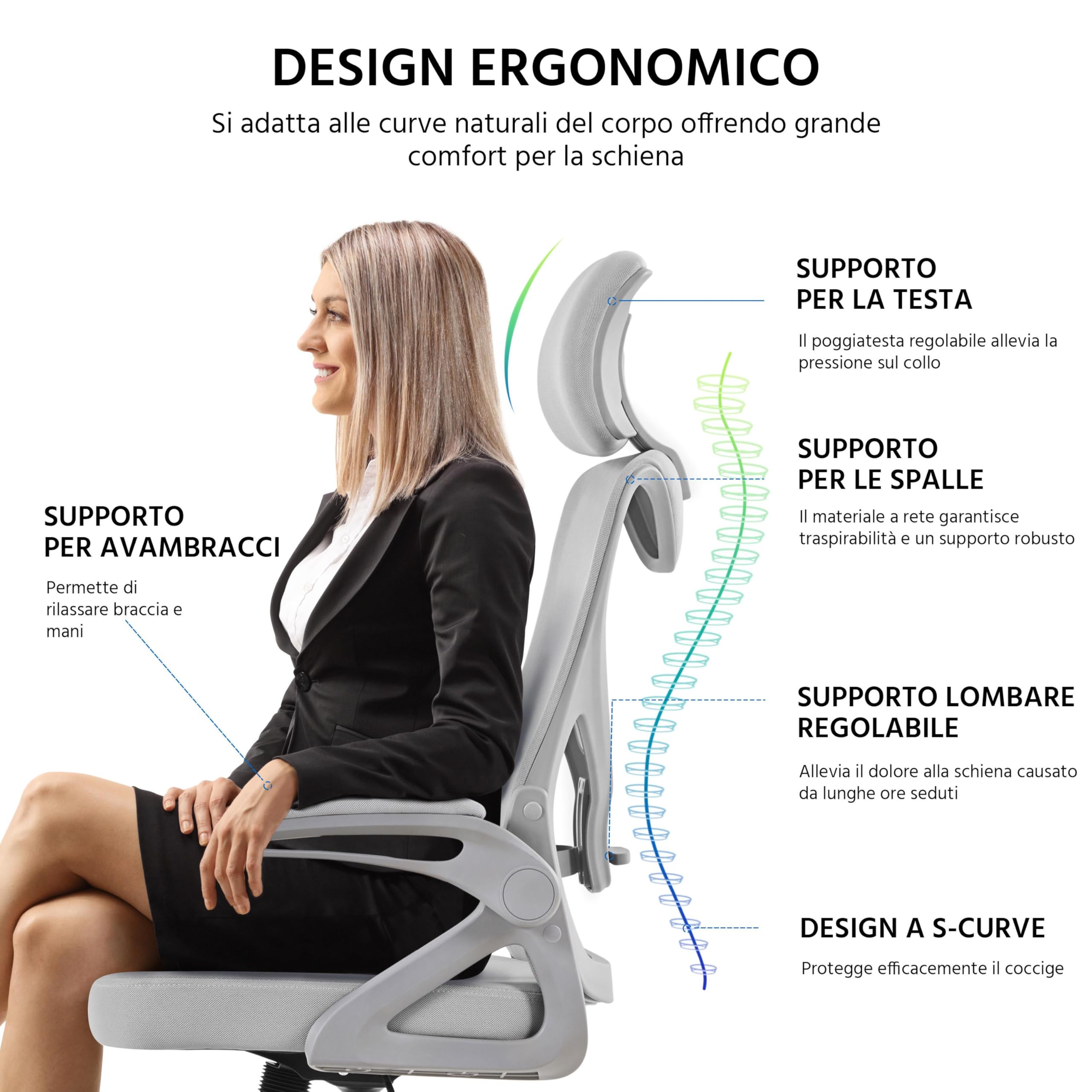 Yaheetech Ergonomiczne krzesło biurowe z podłokietnikami, regulowany zagłówek, wysokie oparcie, funkcja huśtawki, krzesło obrotowe z oddychającej siatki z podparciem lędźwiowym, kolor szary