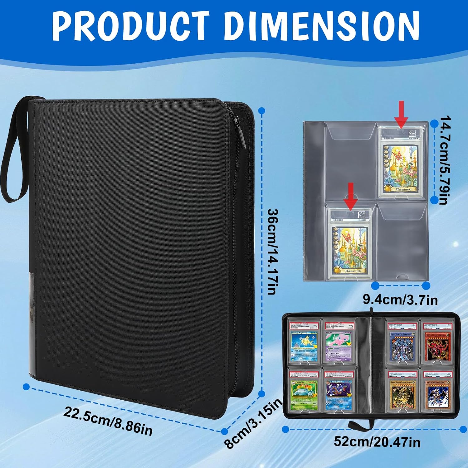 graded card binder, 4 pocket slab binder, holds 40 graded slabs, ringless psa cards binders with hand strap and side label pocket, psa slab case, premium graded card holder for psa, cgc slabs
