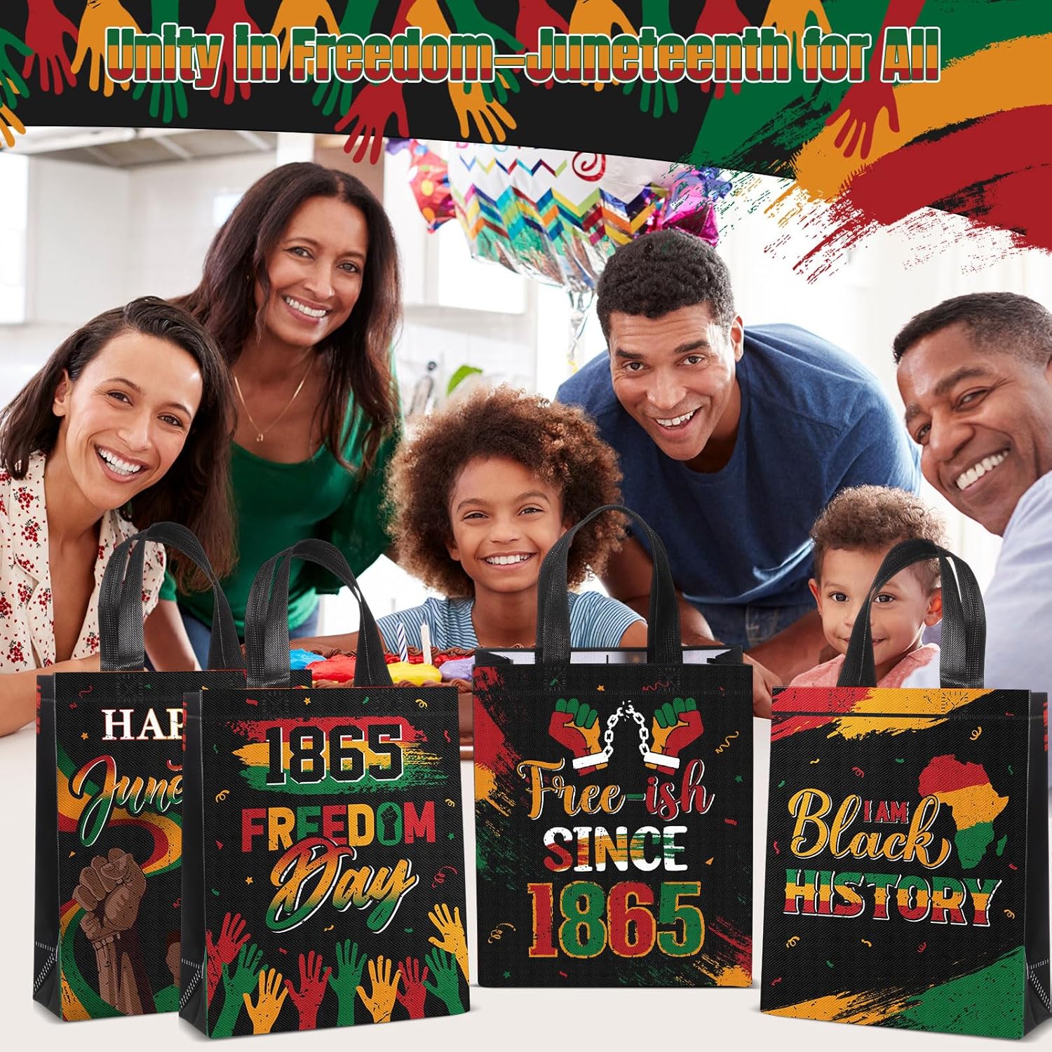 Blosssound 60 Pcs Juneteenth Bags Bulk Non-woven Happy Juneteenth Gift Bags with Handle 12 x 10 x 4 Inch Reusable African American Treat Goody Bag for June 19th Freedom Festival Supplies