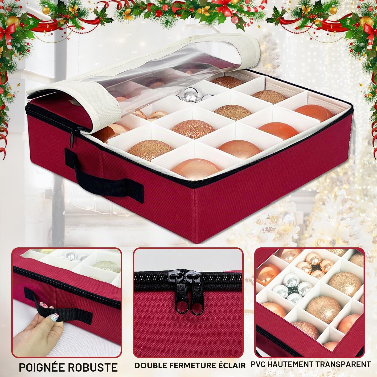 Boîte de rangement pour boules de Noël avec séparateurs - 4 pièces de rangement pliables pour décorations de Noël avec 2 poignées et couvercles pour les fêtes (Rouge)