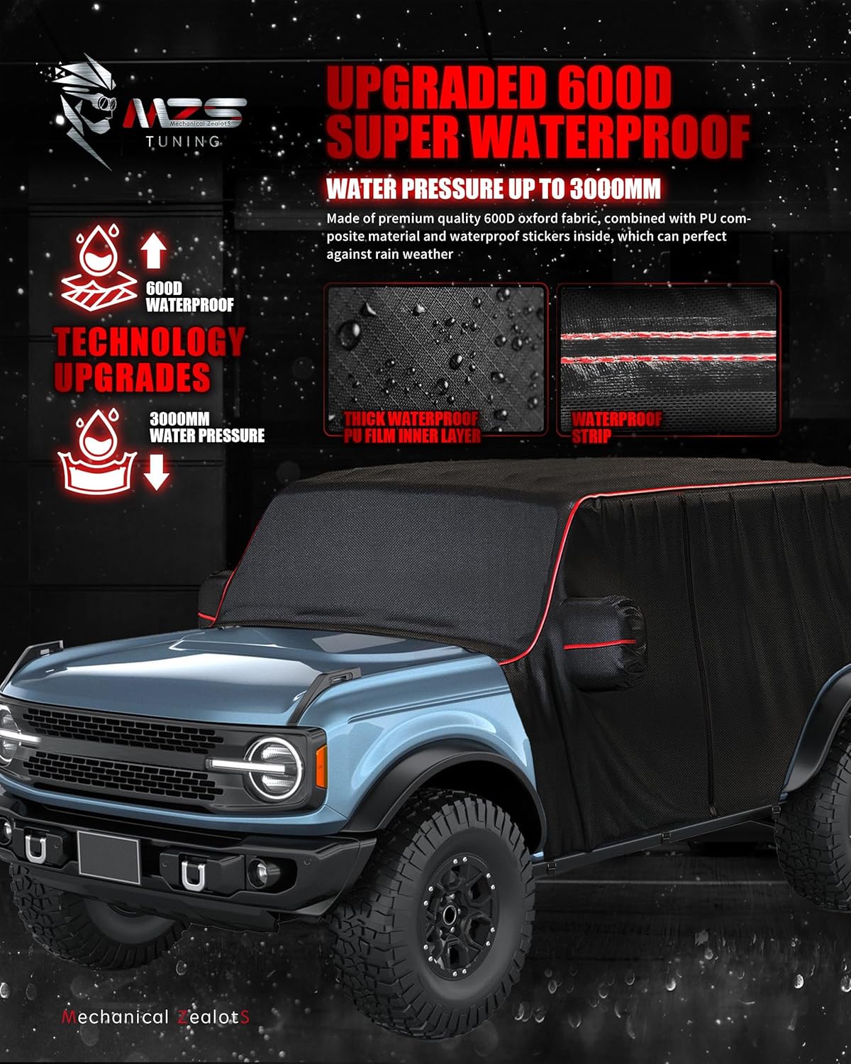 MZS Cab Cover Compatible with Bronco 4 Door 2021-2026, 600D Waterproof Bronco Cover with Driver Door Zipper 8 Gust Hook Car Half Cover Windproof Sun Snow Rain Scratch Protection