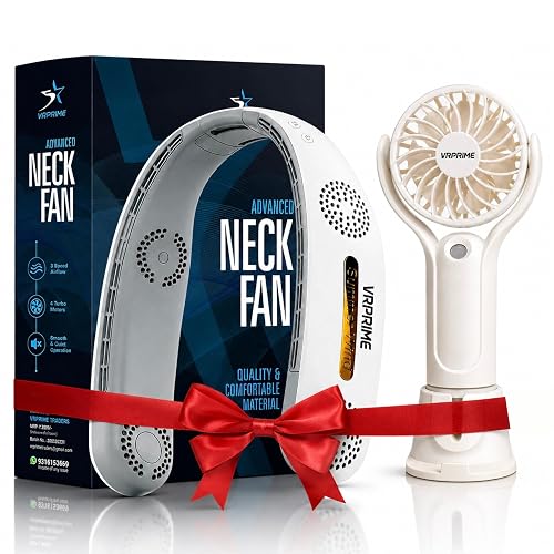 DRIFTX COMBO Portable Neck Fan & Hand Fan Rechargeable | Neck Fan for Kitchen Women | 4 Turbo Motor 3 Speed Low Noise Motors (White, 2400mAh)