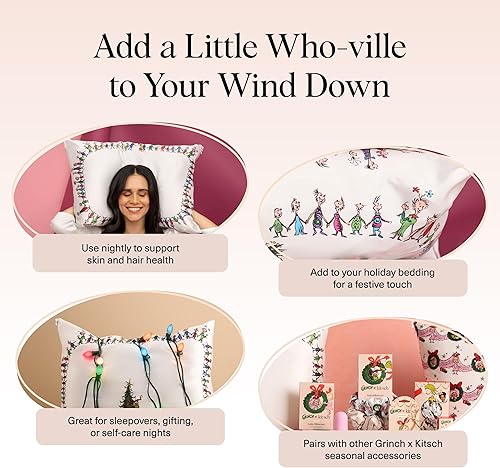 Vista 350 de Kitsch x Elf - Funda de almohada de satén con cremallera de tamaño queen/estándar, para el cabello y la piel, funda más suave que la seda, lavable a