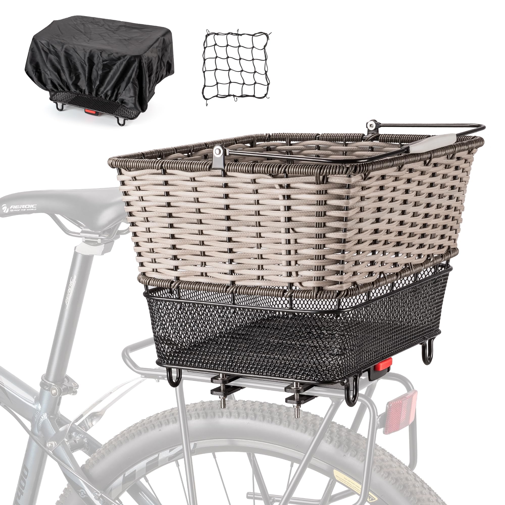 Cesta Trasera para Bicicleta – Gran Cesta Trasera con Cierre rápido, Red para Equipaje y Funda Impermeable, Cesta Tejida a Mano con Gran Capacidad