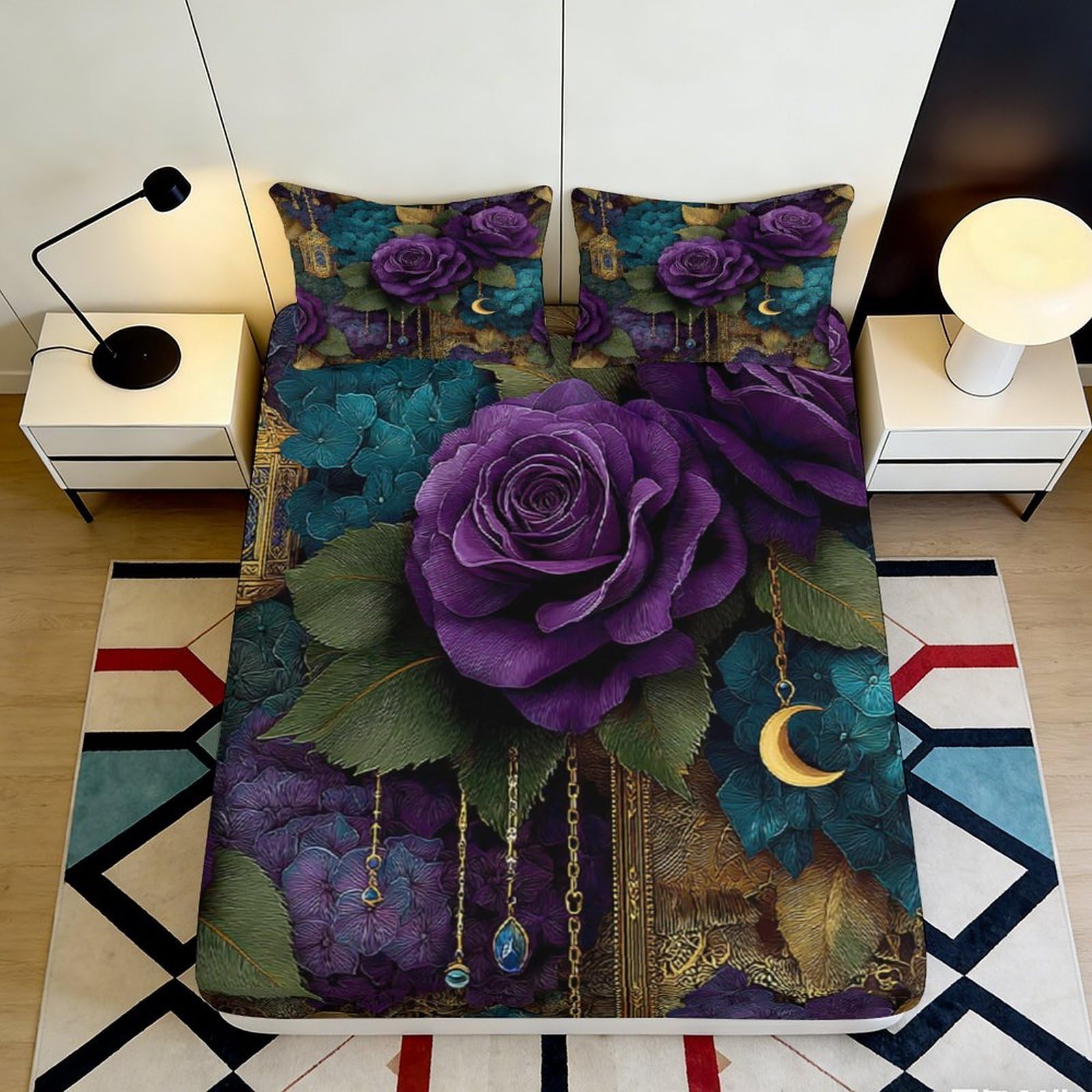 3D Printed Purple Rose Fitted Sheet Microfiber Deep Color Moon Pattern Bed Cover for Bedroom Guest Room Decor 90x200x25cm