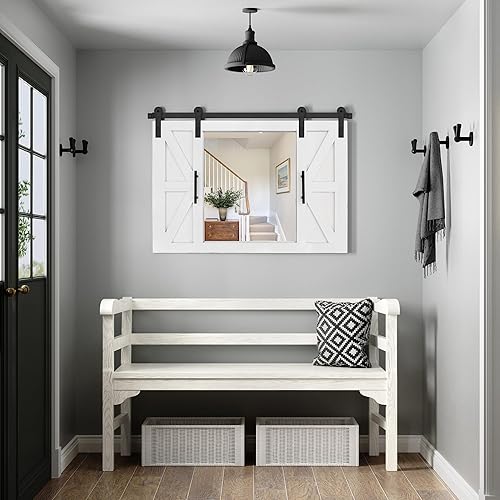 Miniatura 2 de COGOOD Espejo de pared con marco de madera rústica de 37 x 26 pulgadas, para baño, sala de estar, entrada, decoración de pared, color blanco