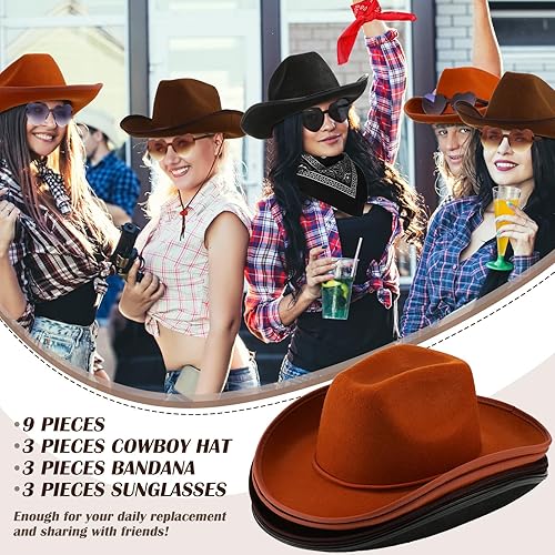 Miniatura 4 de Geyoga 9 piezas de sombrero de vaquero para adulto con bandana de vaquero y gafas para disfraz del oeste, accesorio para hombres y mujeres