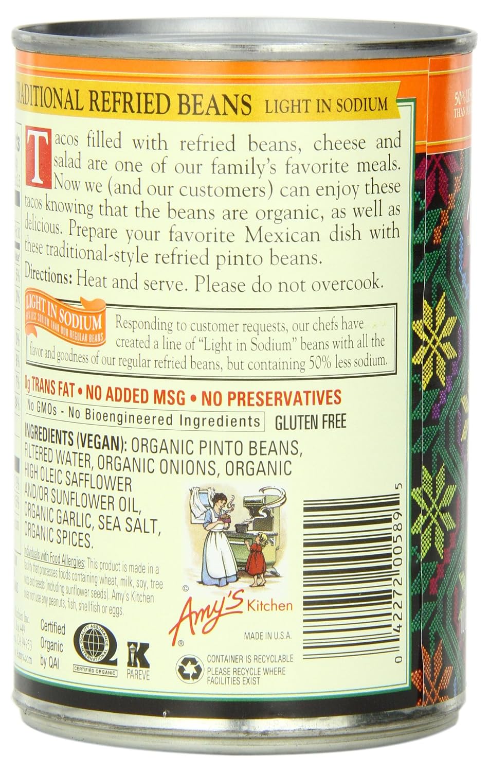 Amy's Organic Refried Beans, Light in Sodium, 15.4 Ounce (Pack of 12)