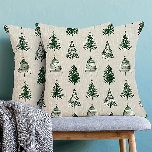 Miniatura 2 de Juego de 2 fundas de almohada de Navidad de 18 x 18 pulgadas, fundas de cojín verdes con árboles de Navidad, fundas decorativas para exteriores,