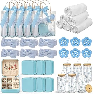 LemonRoad 6 Pack Wedding Favors for Guests Sets with Glass Cup, Jewelry Box, Hair Claw, Hair Band, Towel, Card and Gift Bag for Bridal Shower, Baby Shower Guest Party Favors Gifts(Blue)