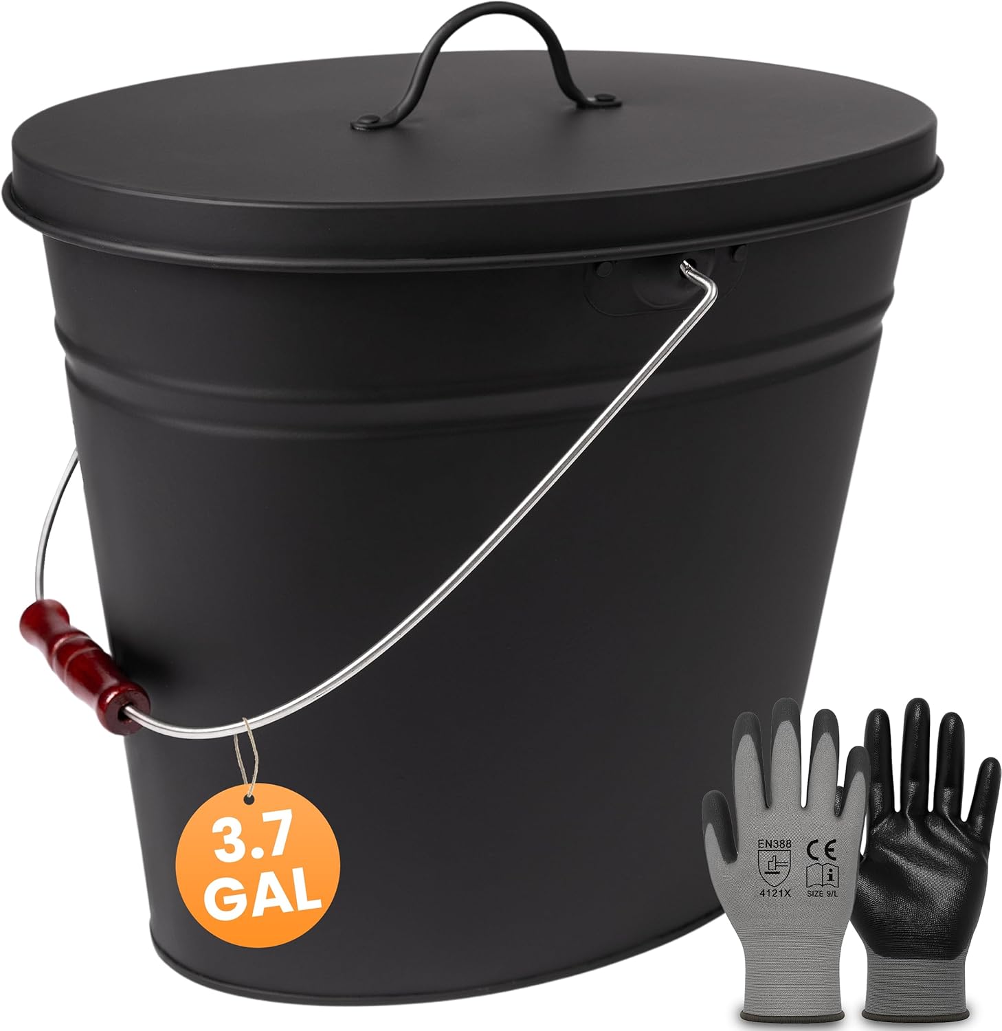 BLACK OAK Ash Bucket Vesuvio 3.7 GAL –black oval with lid & gloves –large 15L –fireproof galvanized steel & powder-coated ash & coal bucket –accessory for fireplaces, tiled stoves, wood-burning stoves