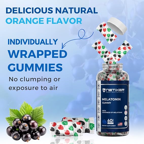 Melatonin Gummies 60 Count 10 mg Melatonin per Gummy Blackcurrant Flavor Vegan, Gelatin-Free, Gluten-Free Individually Wrapped No Artificial Colors