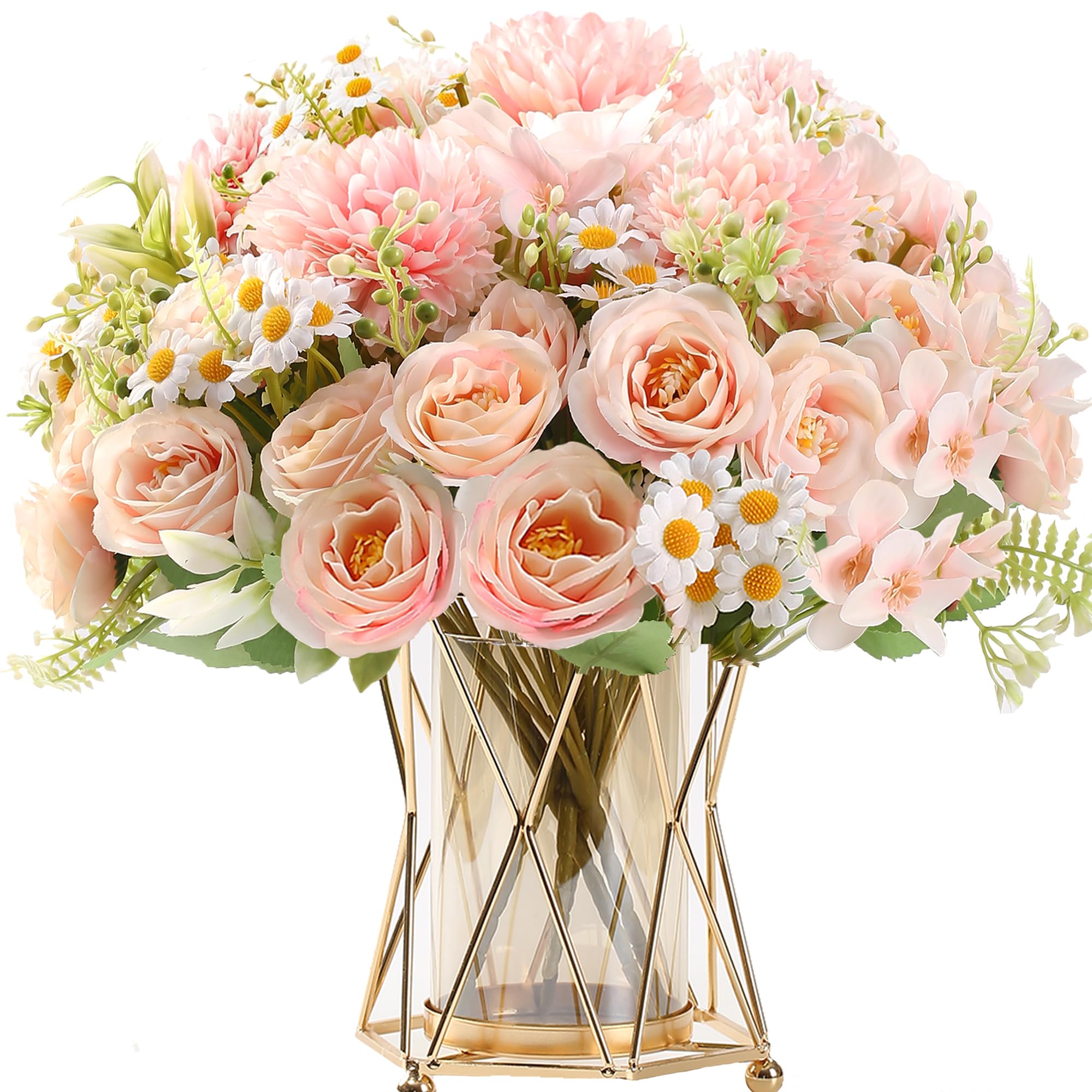 HNVNER 4 Bunches Pink Artificial Flowers, Faux Silk Flowers Peony for Home