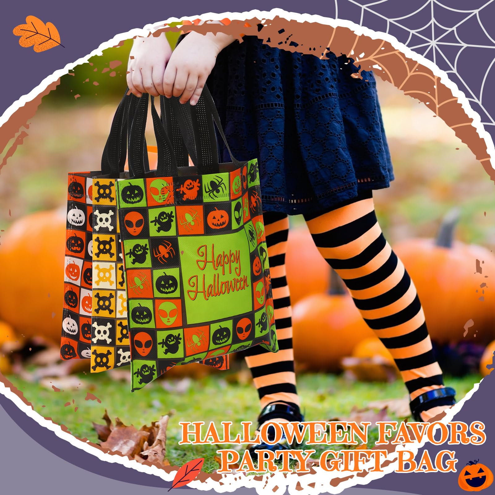 Sweetude Halloween Tote Bags 3 Pack - Reusable Canvas Trick Or Treat Bags With Pumpkin Skeleton Ghost Designs - View #2