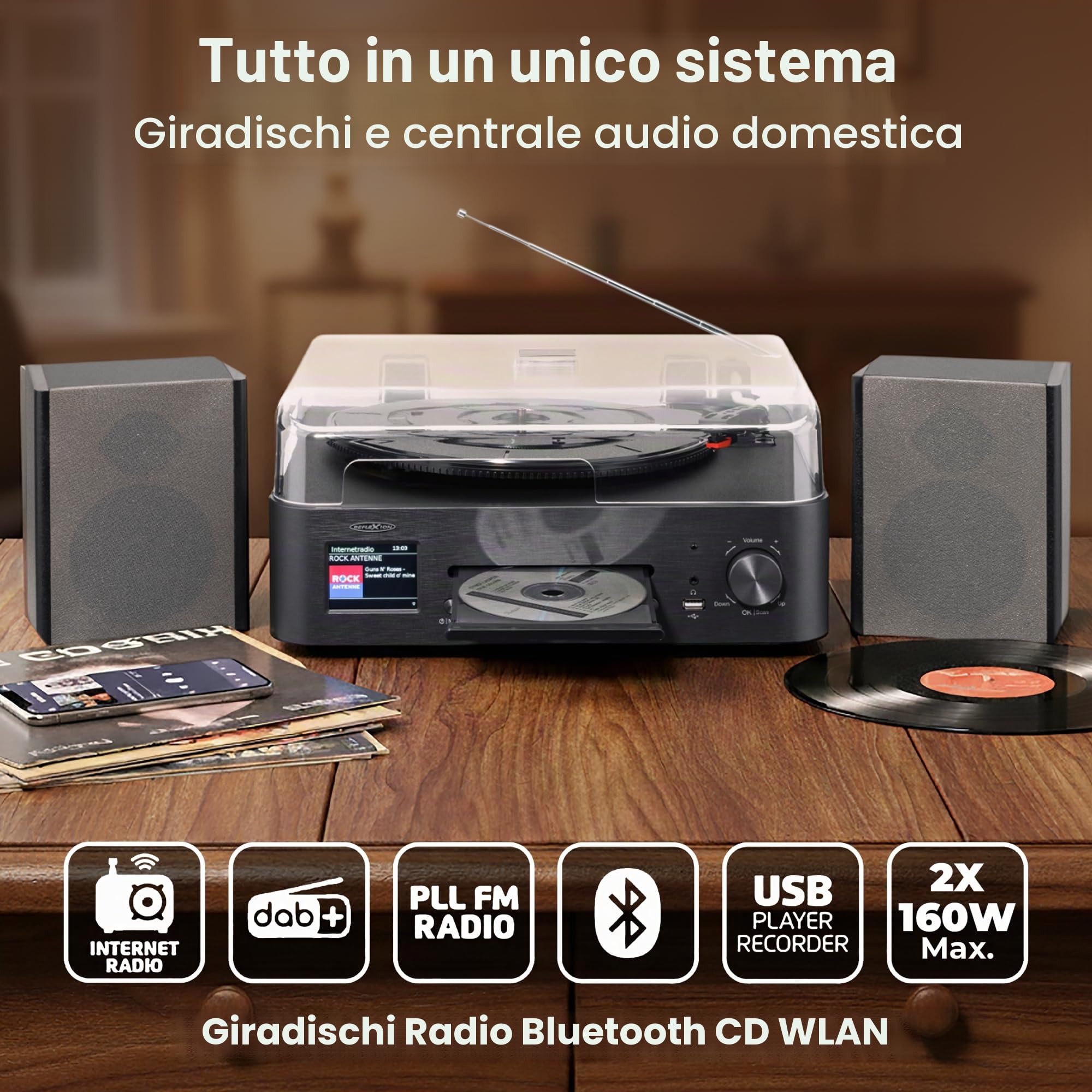 Reflexion Giradischi con altoparlante e WiFi, impianto HiFi retrò con DAB+, radio Internet, Bluetooth, CD, registrazione USB MP3, display a colori, sveglia e timer di sospensione, sistema completo con