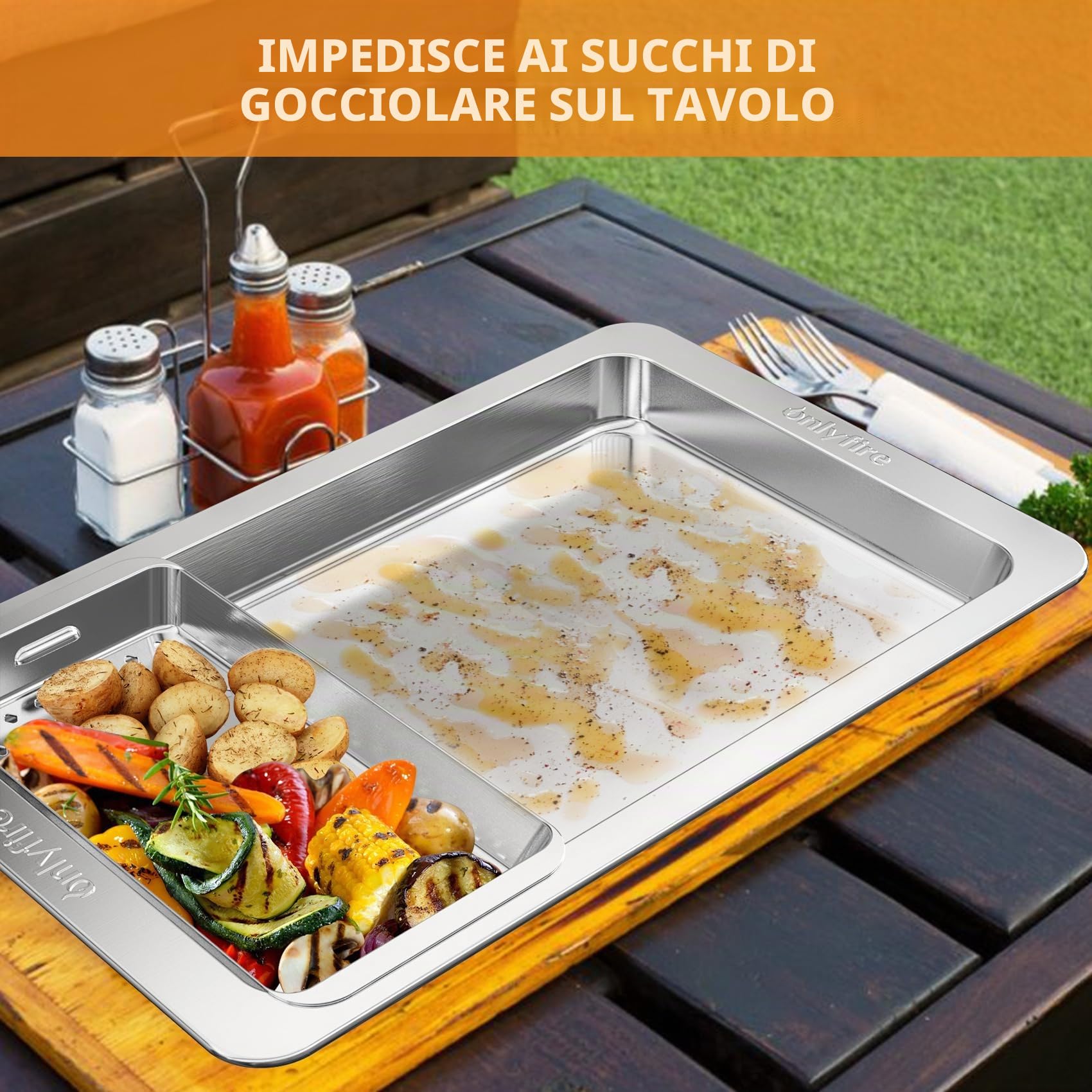 onlyfire Set di Cestello per Barbecue, 3 Cestino per Verdure da Barbecue in Acciaio Inox con Vassoio di Servizio e Manico a Clip, Cestello Forata per Grigliate di Pesce, Verdure e Carne