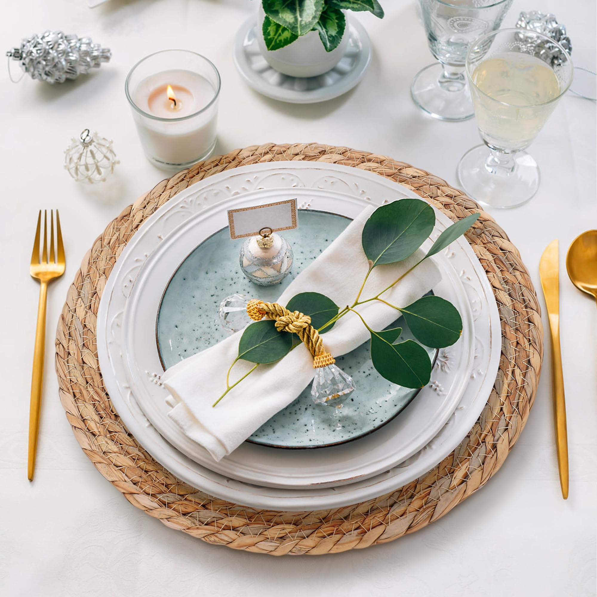 12PCS Sets de Table Ronds Tressés, 30cm Napperon Style Boho Antidérapant | Sets de Table Résistant à la Chaleur, Sous-Verres Tissé, Tapis de Table de Cuisine et Comptoir, Repas en Famille, Vacances