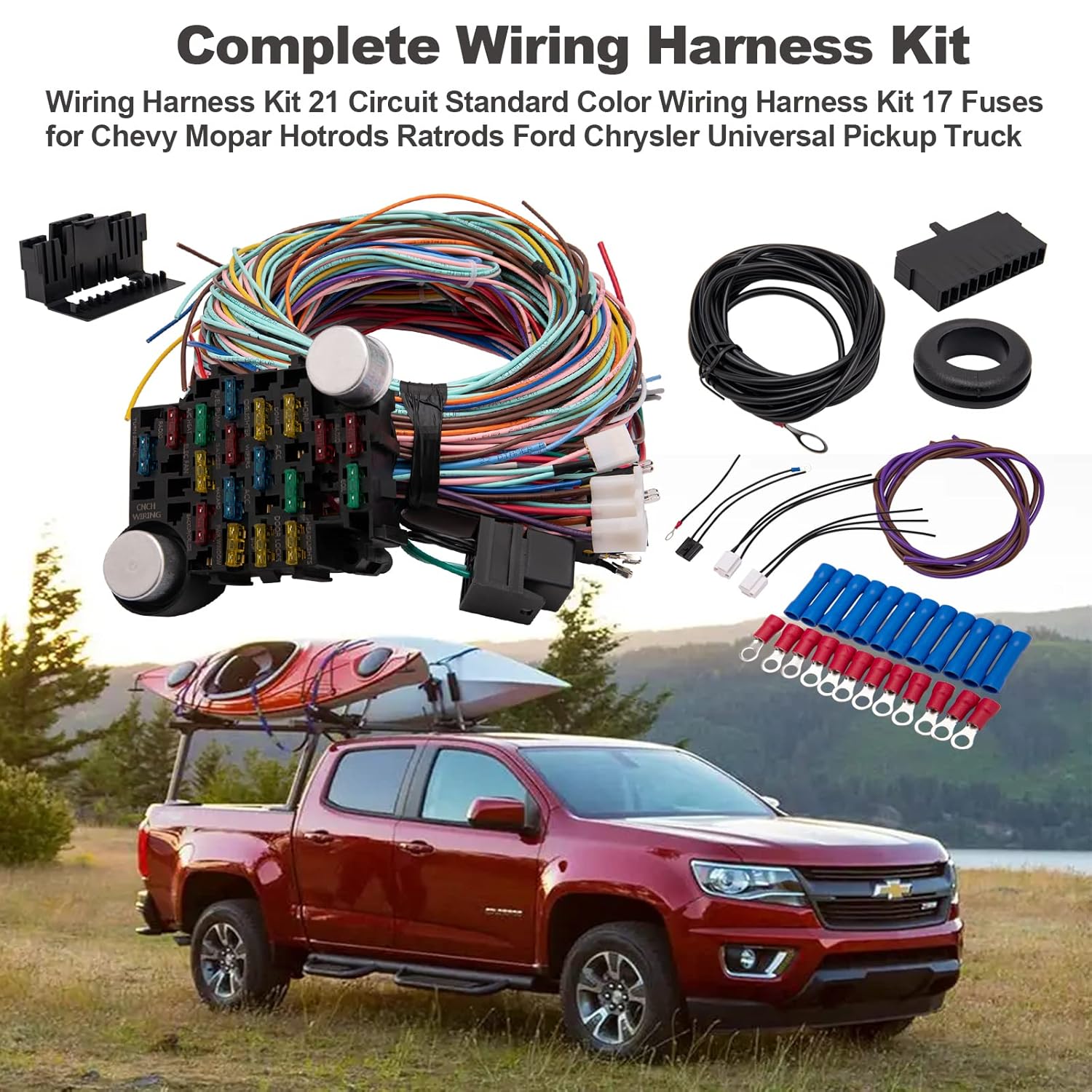 21 Circuit Wiring Harness Kit - Universal Extra Long Wires for Ford, Chevy, Chrysler, Mopar Hotrods & Ratrods