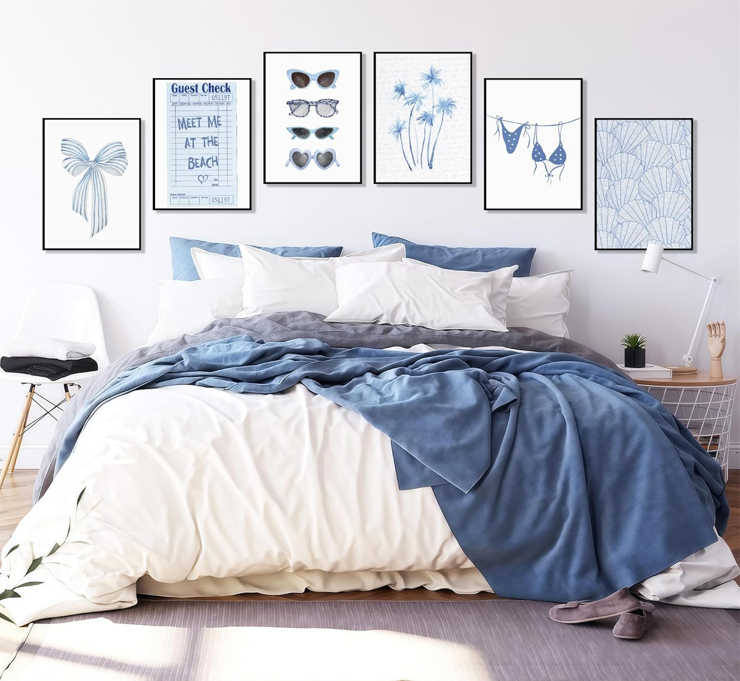 6Pcs Coast Bikini Preppy Canvas Wall Art Blue Shell Bow Coquette Picture Wall Decor Meet Me at The Beach Coastal Granddaughter Poster Print Artwork for Room Teen Girl Dorm Apartment Home Decoration