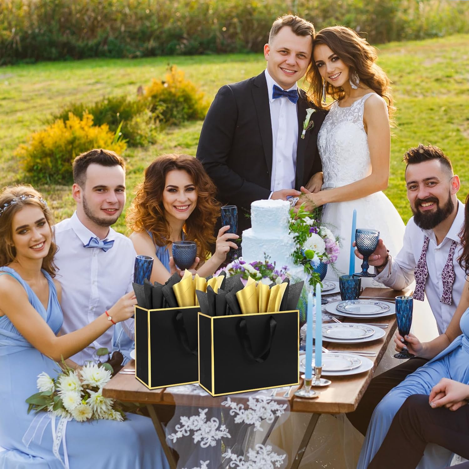 Addblu 12 Pack Large Gift Bags with Handles - Includes 36 Tissue Papers, 11.8x10x4 Inches for Thank You, Wedding, Bridesmaid, Christmas, Birthday, Party Five Senses Gifts (Black and Gold Trim, 12Pcs) - Image 7