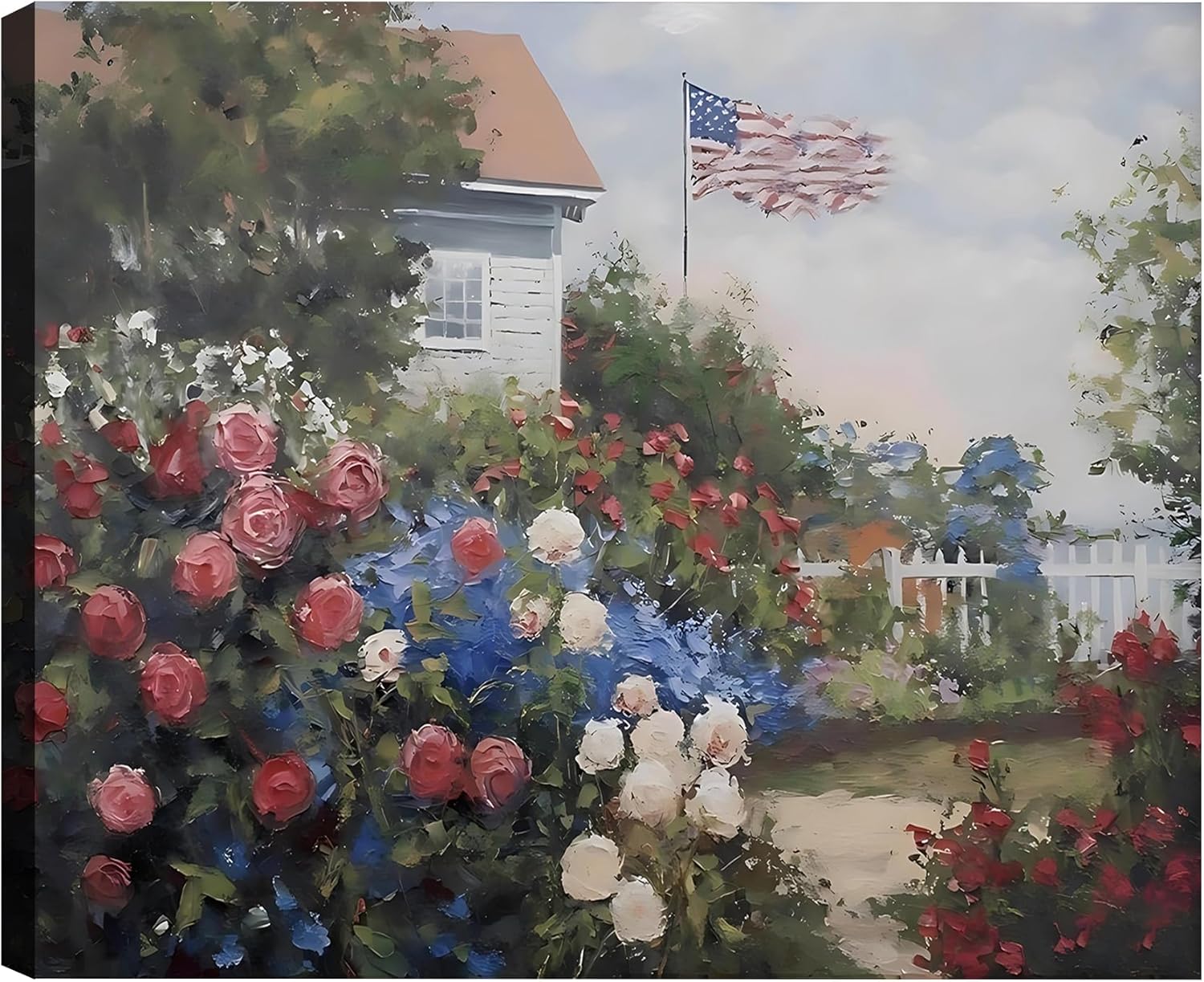 Framed American Flag Cottage Rose Garden Wall Art, Patriotic Floral Canvas Art Pictures, USA Flag Wall Decor for Living Room Bedroom Bathroom, Ready to Hang Made in USA