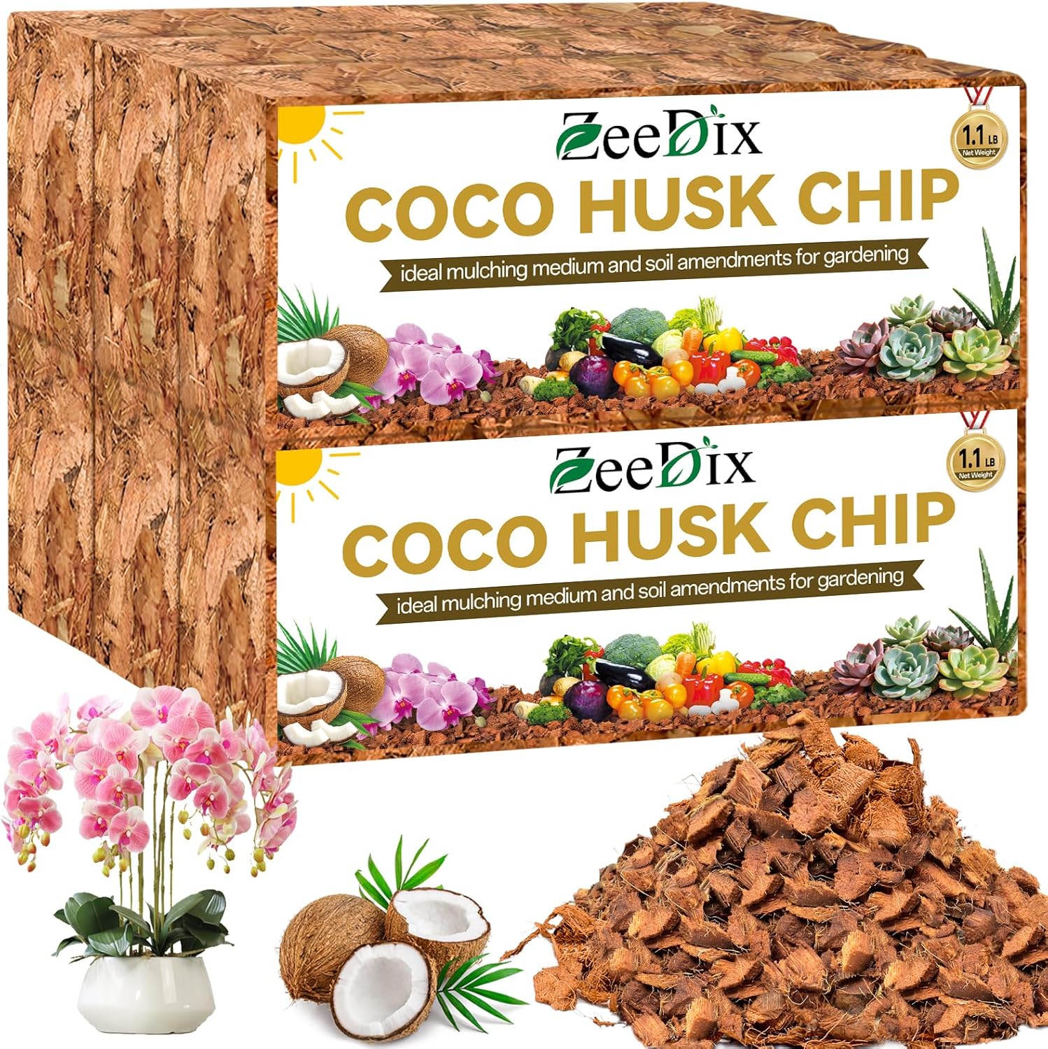 Zeedix 6 Pack Coco Husk Chips for Plants, 100% Organic Coconut Chips Mulch with Low EC & PH Balance, All Purpose for Indoor Plant Flowers Herbs Vegetables, Reptiles Terrarium Tanks Substrate(6.6LB)