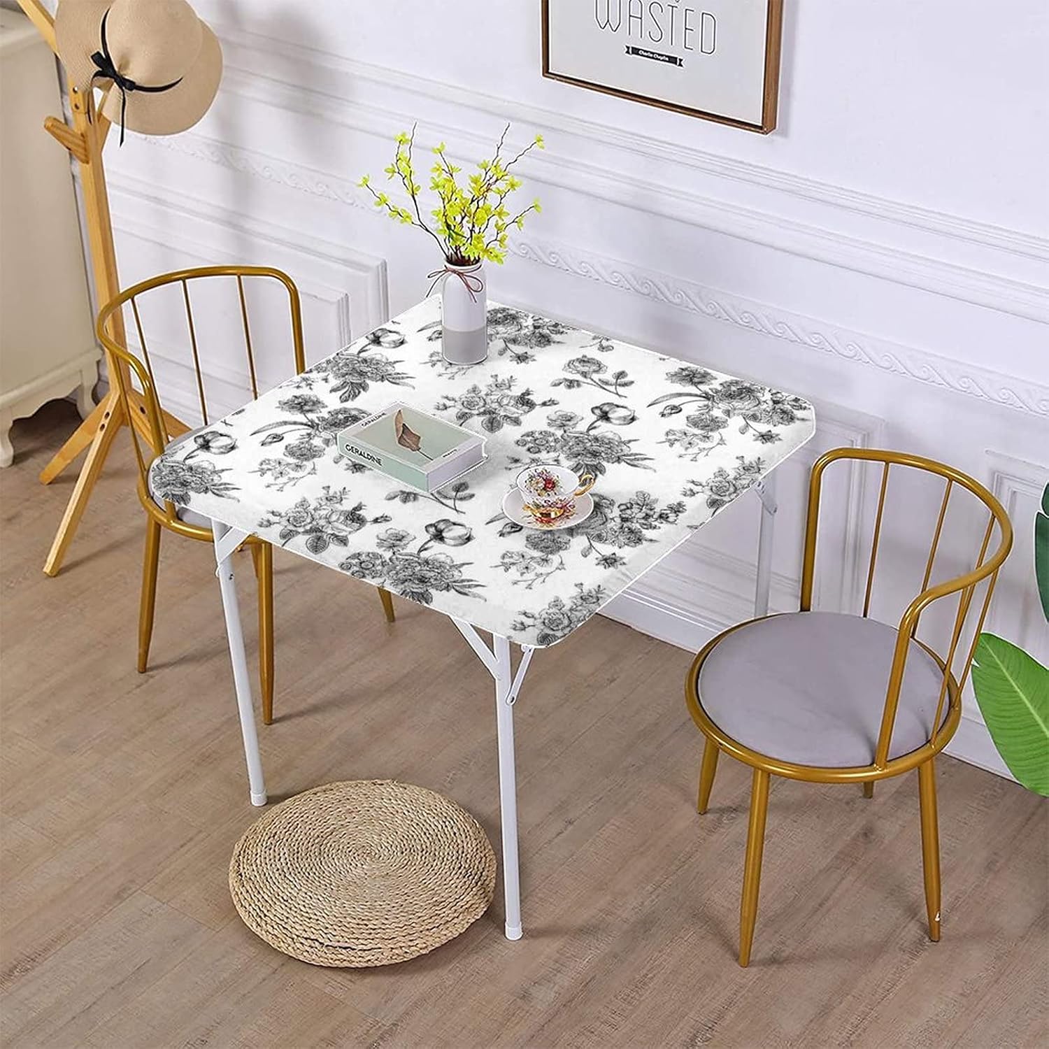 Decorative Elastic Edged Polyester Fitted Table Cover,Black and White Indoor Outdoor Square Tablecloth,Vintage Floral Pattern Victorian Classic Print Fitted Table Pad, Fit Square Table up to 36"x48"