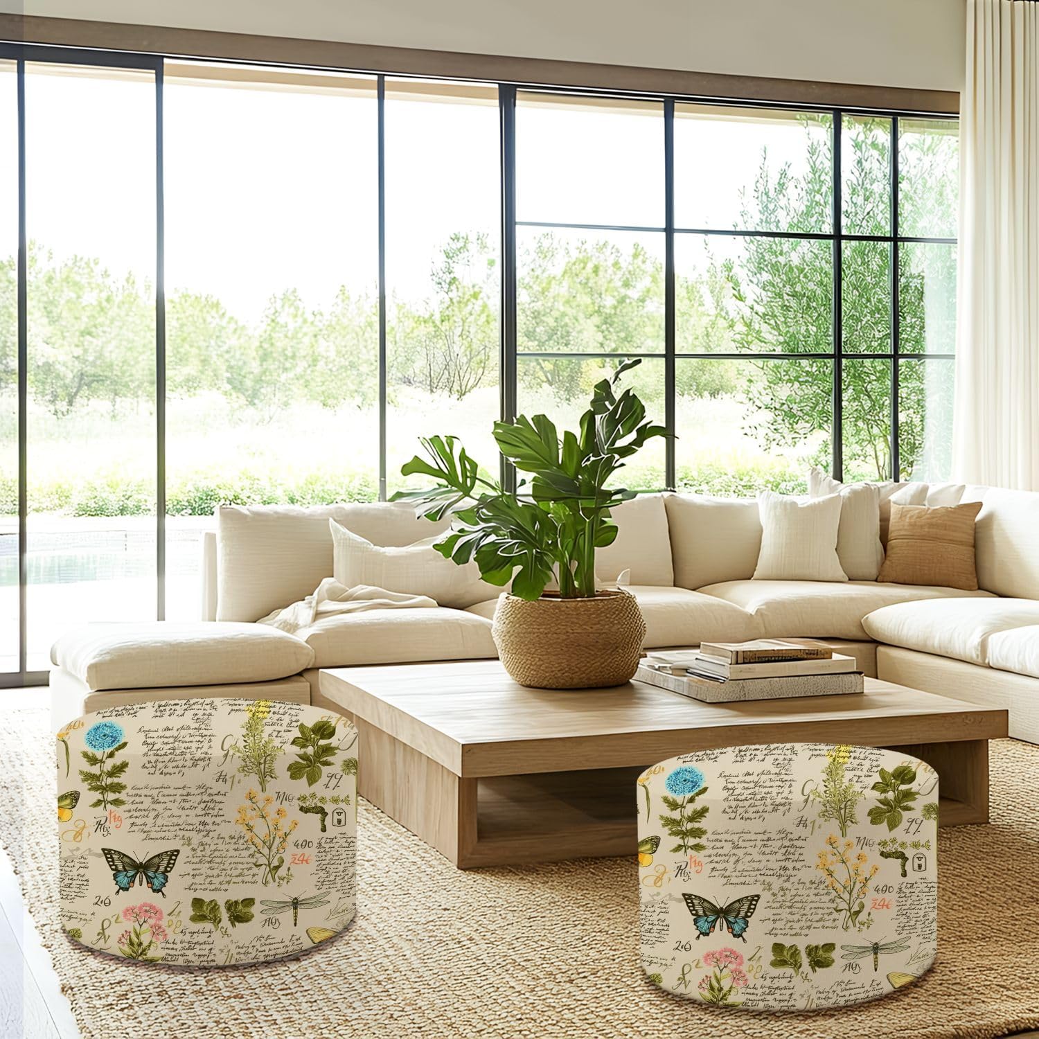 Round Pouf Ottoman seamless handwritten Lorem Ipsum medicinal herbs insects Hand drawn Foot Stool Foot Rest Floor Stool Bean Bag Chair Cotton Linen Removable Indoor Outdoor for Living Room Bedroom