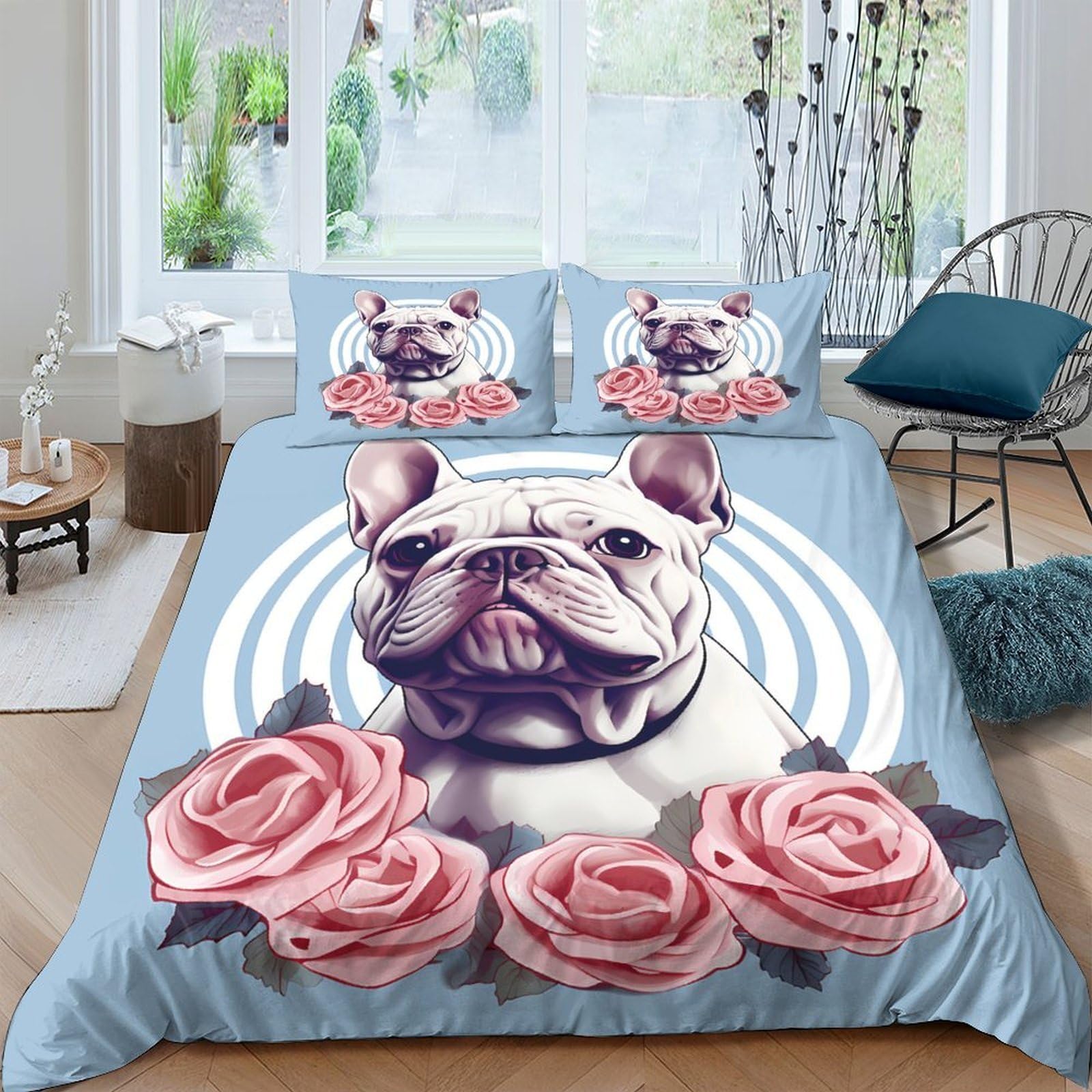Ctjqhvkz Style-3 3D Printed Bulldog With Roses Fitted Sheet Microfiber Soft Anti-Slip Bed Sheet For Bedroom Guest Room Decor Single（135X200cm）