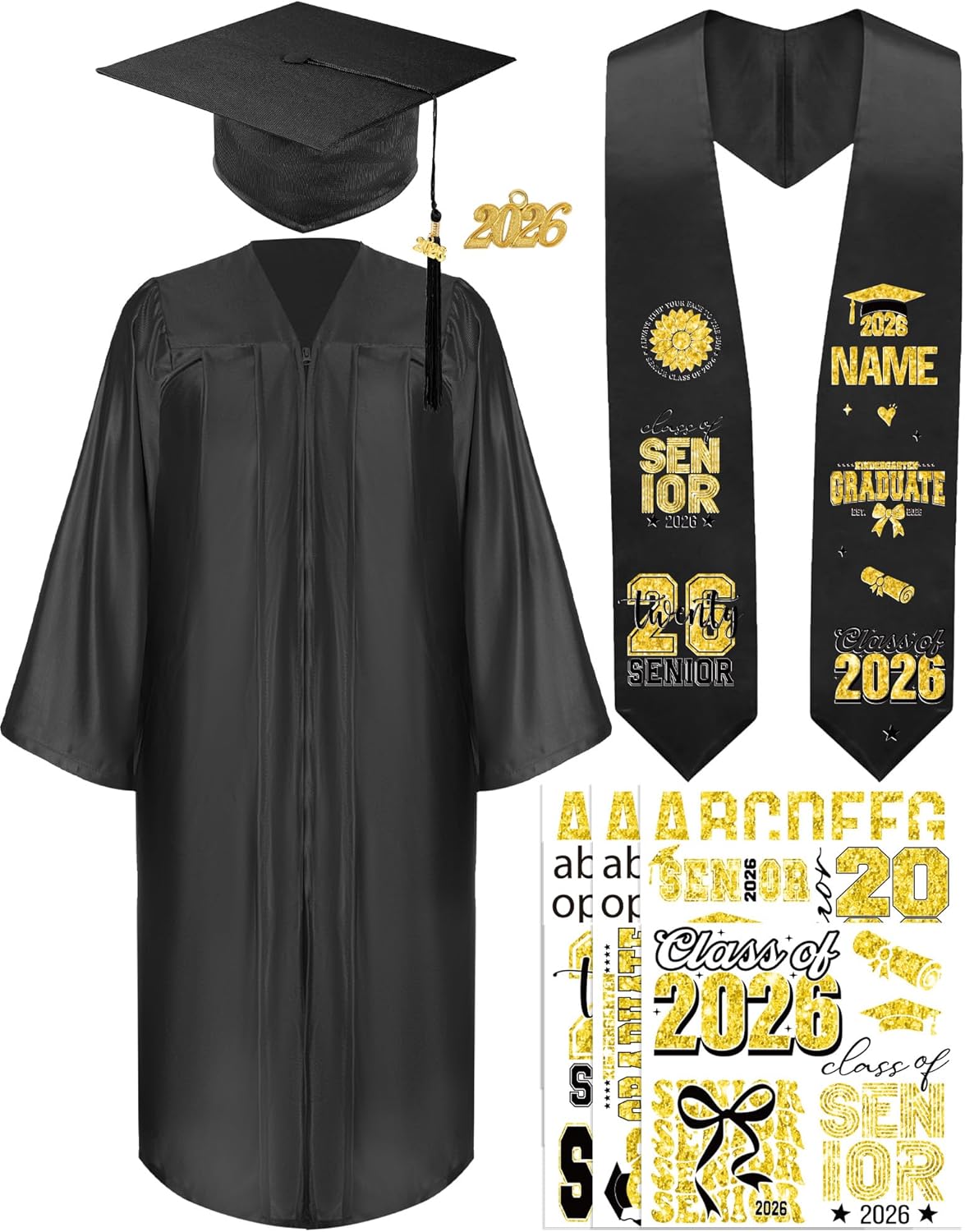 CRASHOT Graduation Cap and Gown 2026, Shiny Uniforms, Includes Stole, Tassel Charm & Heat Transfer for College Graduate