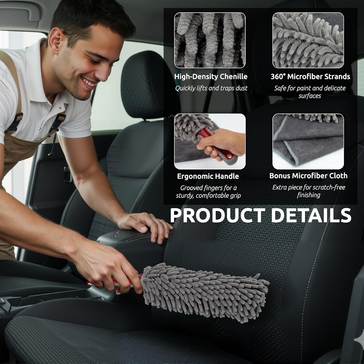 Car Duster Interior by TAKAVU, 360° Microfiber Fingers, Unbreakable Comfort Handle, Lint and Scratch Free, Include Microfiber Towel, for Car & Home Use, The Best Auto Accessories Gray - Image 3
