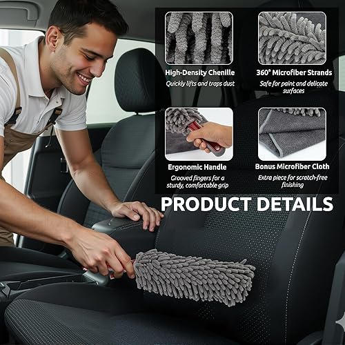 Miniatura 3 de Plumero para interior de coche por TAKAVU, dedos de microfibra de 360, mango cómodo irrompible, libre de pelusas y arañazos, incluye paño de