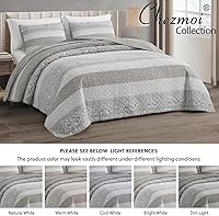 Vista 5 de Chezmoi Collection Robyn - Juego de edredón de 3 piezas, color gris pardo neutro, blanco, floral, hibisco, flores, retazos, rayas, colcha de algodón