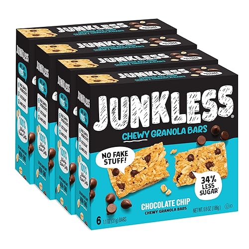 JUNKLESS Barras de granola masticables, chispas de chocolate, 24 barras (6 barras por caja de 1.1 onzas, 4 cajas), sin OMG, bajo en azúcar, gran