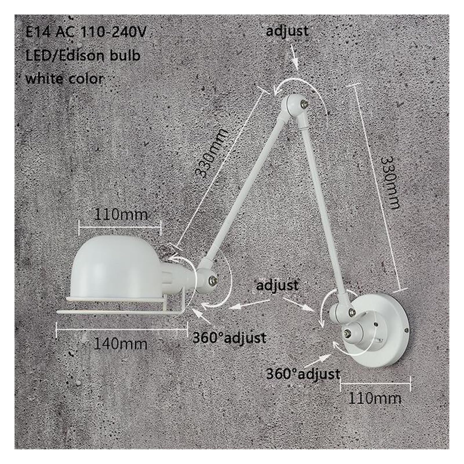 Genérico Lámpara de pared Jielde ajustable de estilo Industrial nórdico clásico, aplique de pared en V, luces LED for sala de estar, dormitorio y baño(W12146L white,With switch)