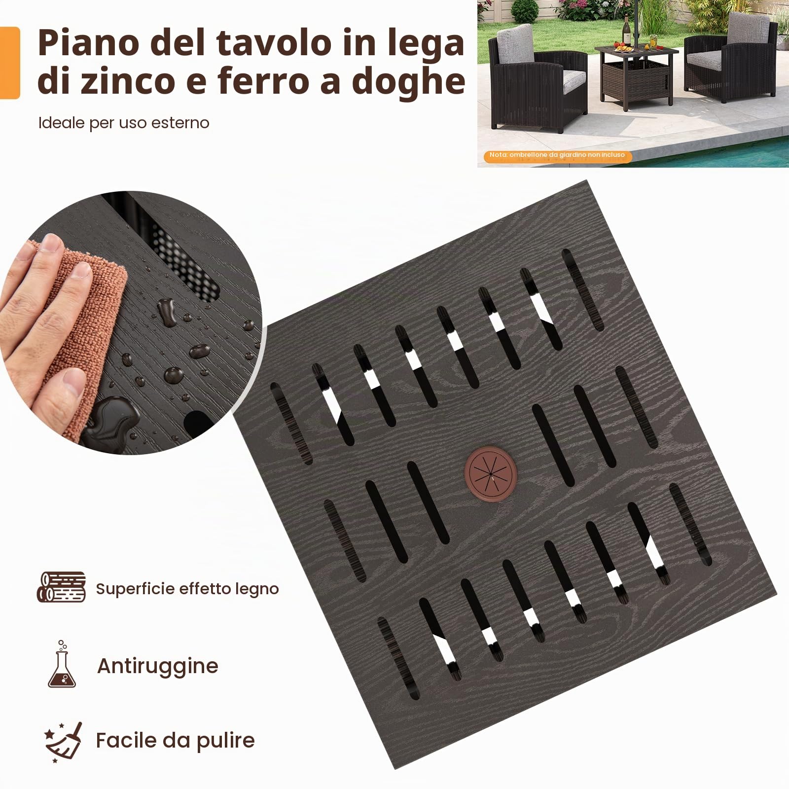 LIFEZEAL Tavolo da giardino in polyrattan con foro per ombrellone, per esterni, resistente alle intemperie, con 2 sacchi di sabbia, tavolo quadrato da balcone per giardino, cortile, terrazza, 55,5 x