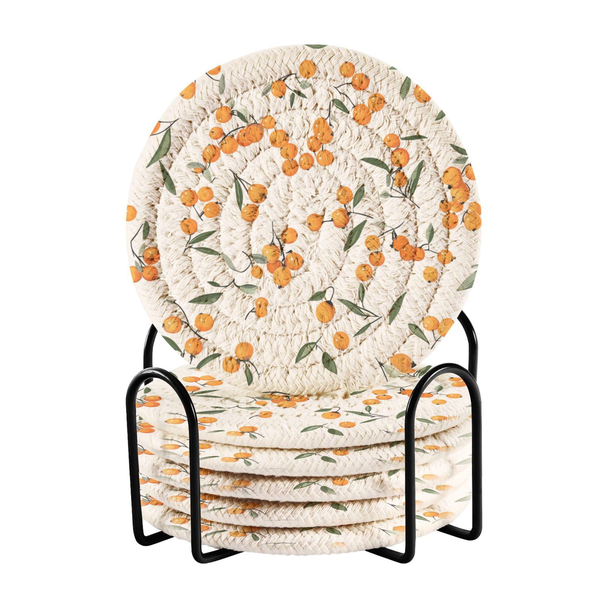 Sweet Sea Buckthorn Fruit White Cotton Rope Drink Coasters Set Set of 6 with Holder Cotton Coasters
