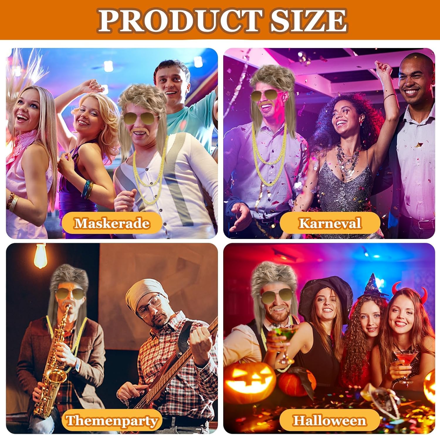 Vokuhila Perücke Herren,4 Stück Vokuhila Perücke Set,80er Perücke Herren,Synthetische Perücke,Perücken Wig Sonnenbrille Halskette,Outfit Accessoires Herren,Männer Perücke Cosplay Kostüm Party