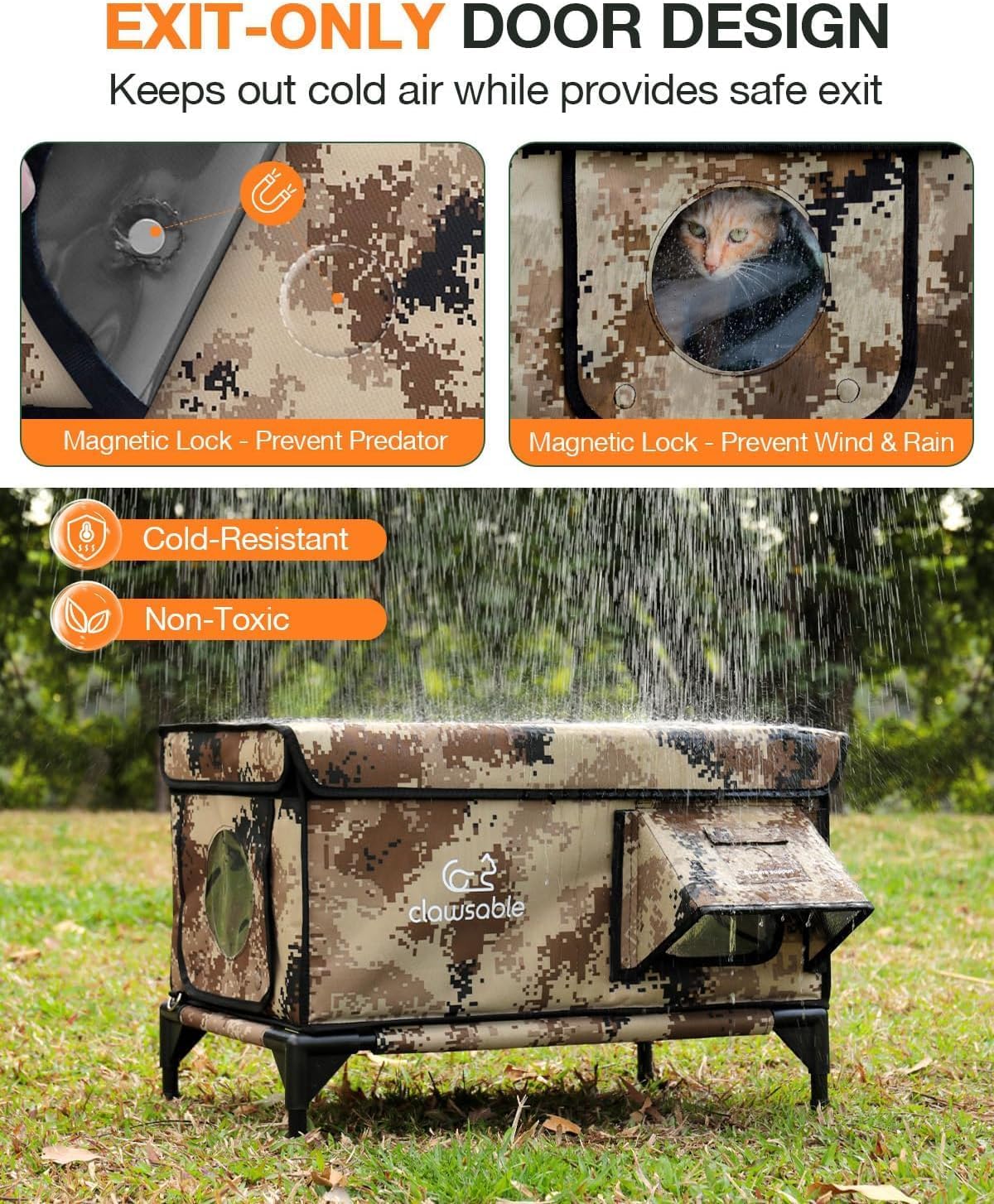 Outdoor Cat House for Outside Winter, 100% Waterproof, Safe Escape Door, Insulated Outdoor Cat Shelter for Feral Barn Cat Kitty (Desert Camo, 12.5"x16.5"x18")