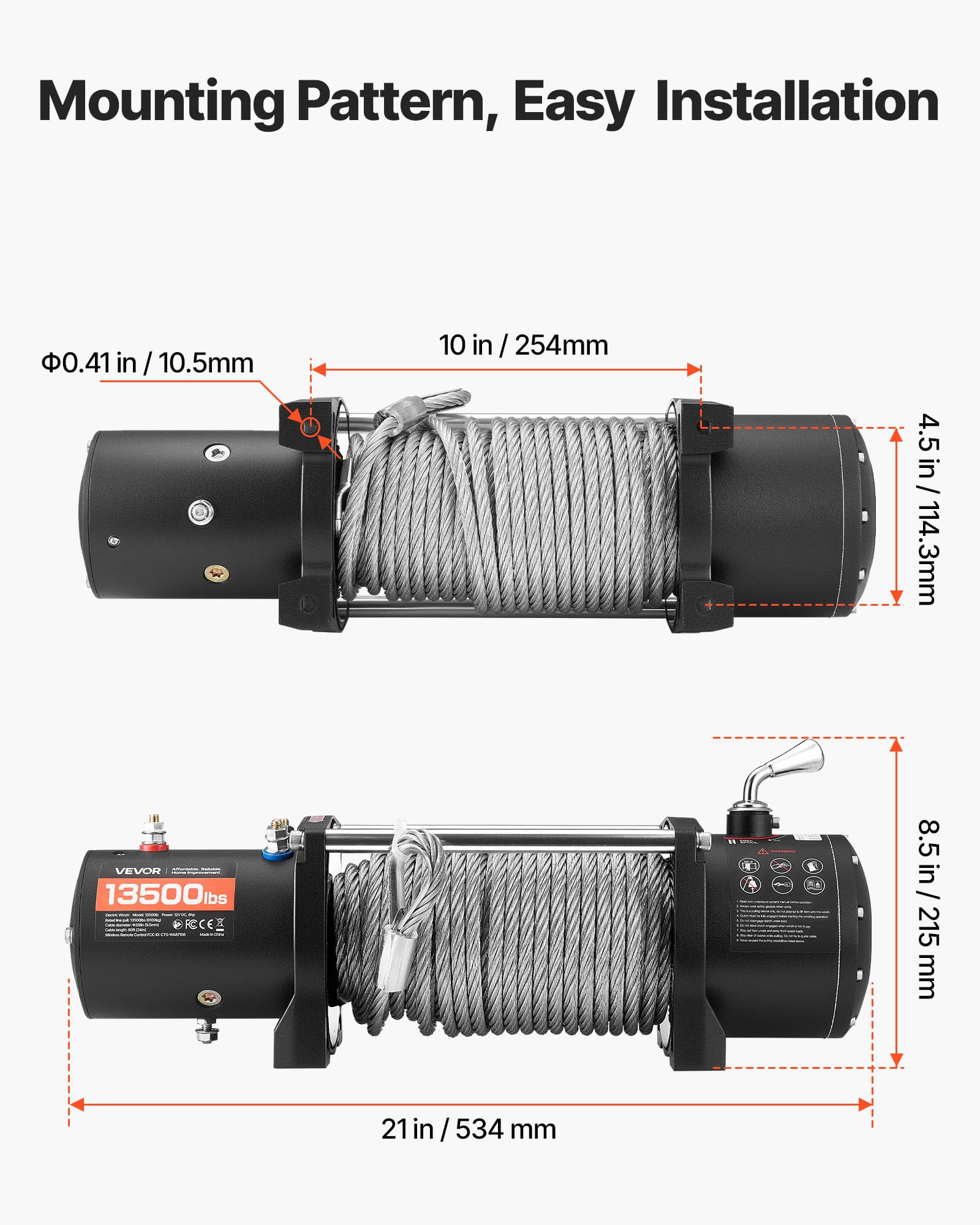 VEVOR Verricello Elettrico, Carico 6100 kg, per Camion 12 V CC con Fune in Acciaio Φ9,5 mm x 24 m, Telecomando Wireless e Cablato, IP55 Impermeabile per il Traino di SUV, Jeep, Rimorchi, Barche