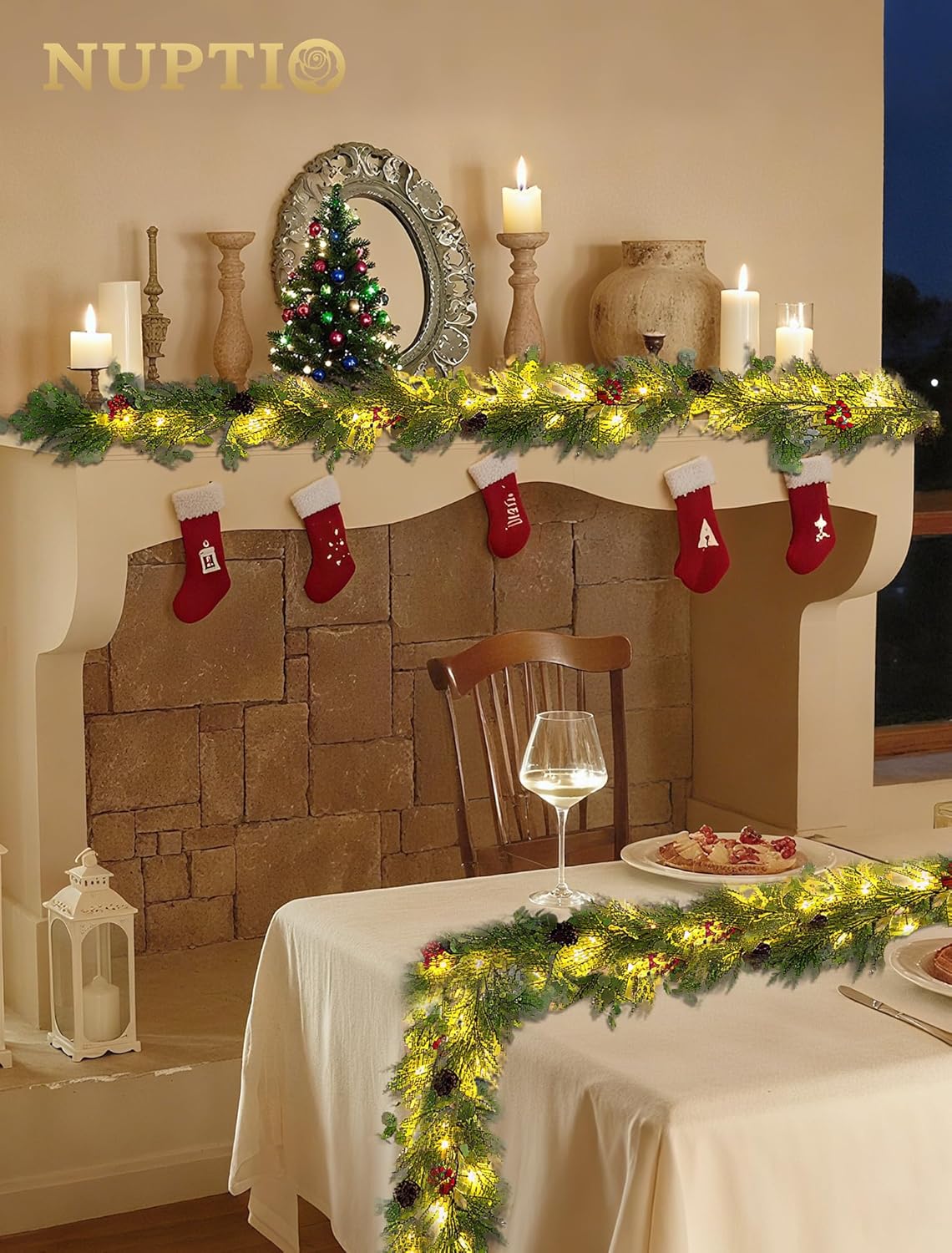 NUPTIO Artificial Christmas Garland with Lights: 2Pcs 6.2Ft Pre-Lit Gold Glitter Garland with Pine Cones Red Berry Eucalyptus - Xmas Decorations for Mantle Fireplace Railing Stairs Table Door