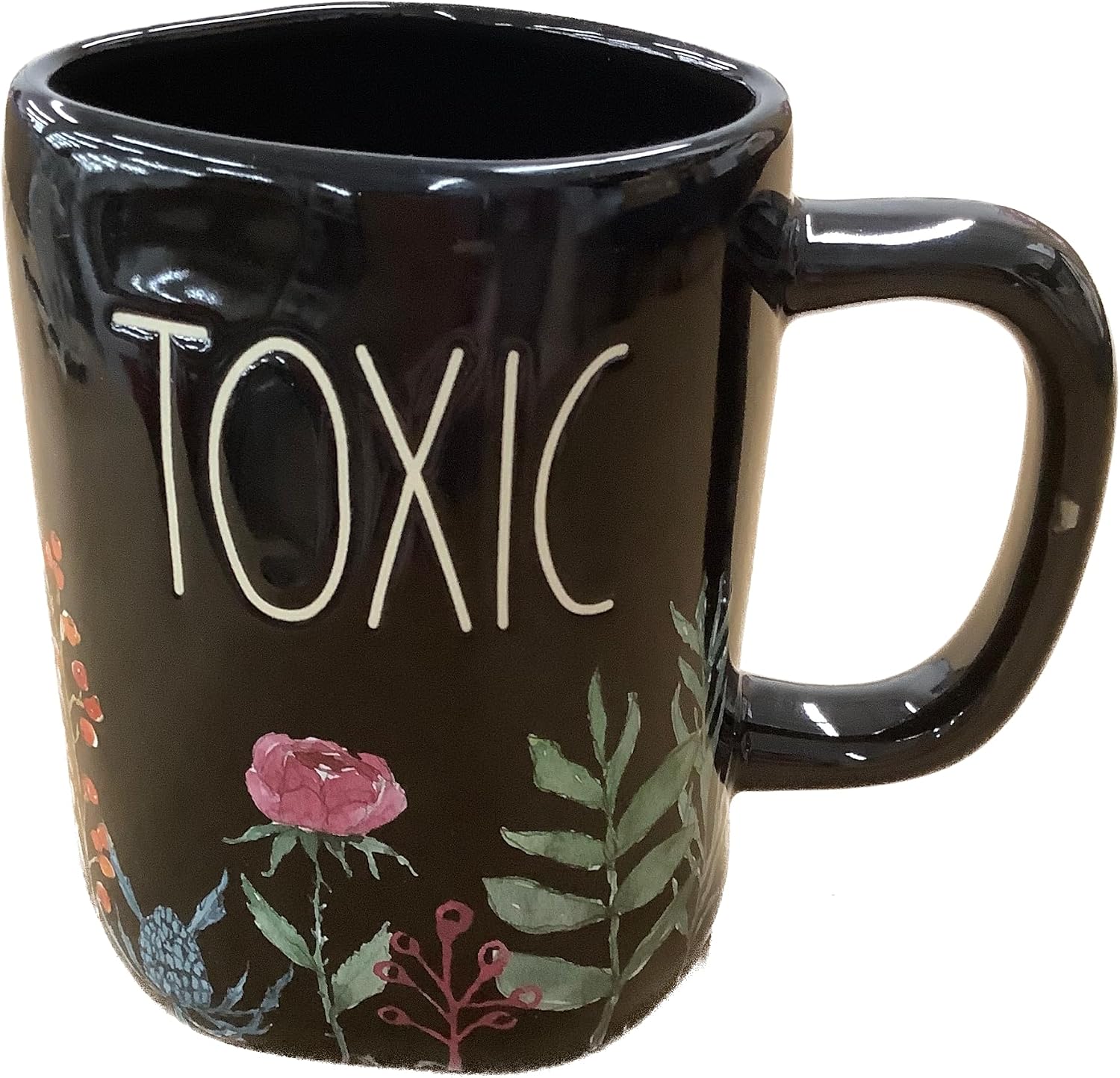 Rae Dunn Toxic Floral Coffee Mug, Black Ceramic with Botanical Design