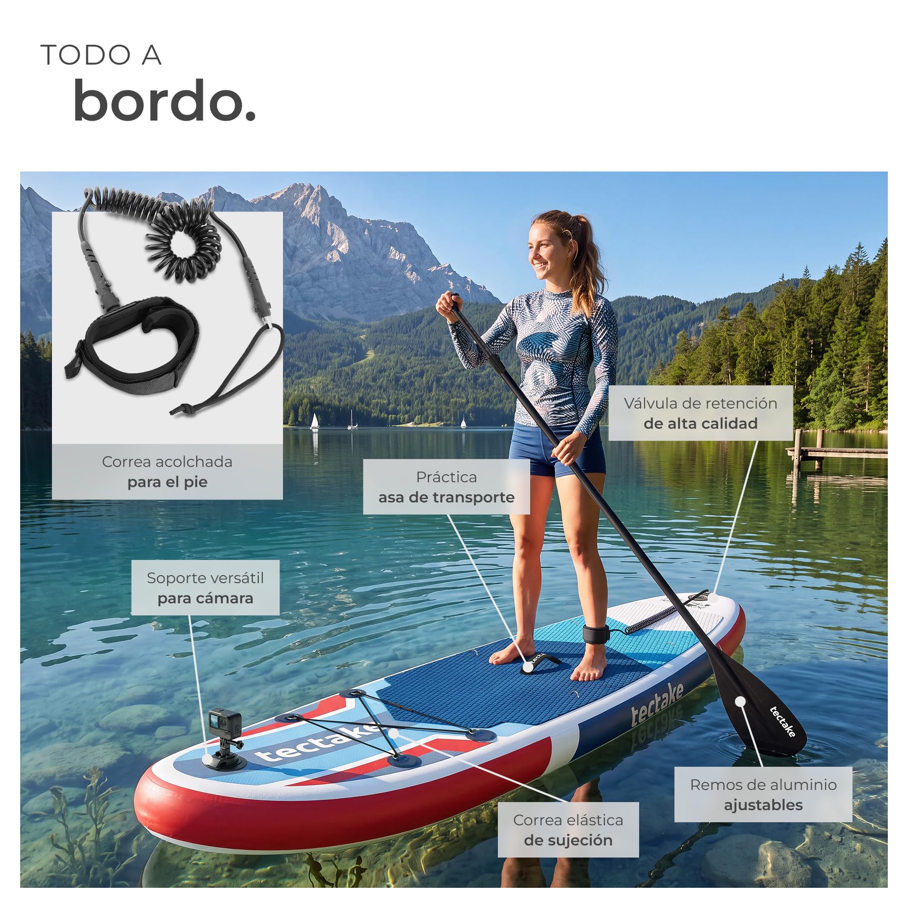 tectake® Tabla Paddle Surf Hinchable, 200 kg, Asiento Kayak, Soporte Cámara | Asiento de Kayak, Capacidad 200 kg, Antideslizante, Drop-Stitch, 288 cm, Resistente, Ligero, Remo Ajustable, SUP, Rojo/Azul