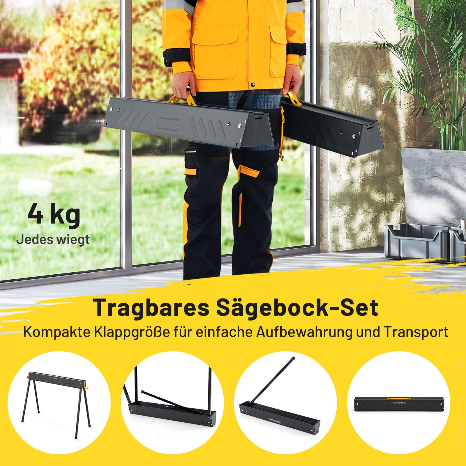 COSTWAY Arbeitsbock 2er Set, bis 500KG belastbar, Böcke klappbar, Sägebock mit 2 x 4 Stützarmen, tragbare klappböcke mit Griff, Gerüstbock für Holzbearbeitung, 94 x 47 x 74 cm